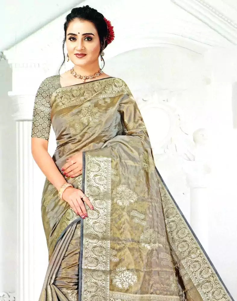 Image of Grey Coloured Floral Pattern Tissue Saree