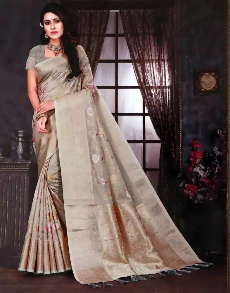 Image of Light Grey Floral Embroidery work Kota Saree