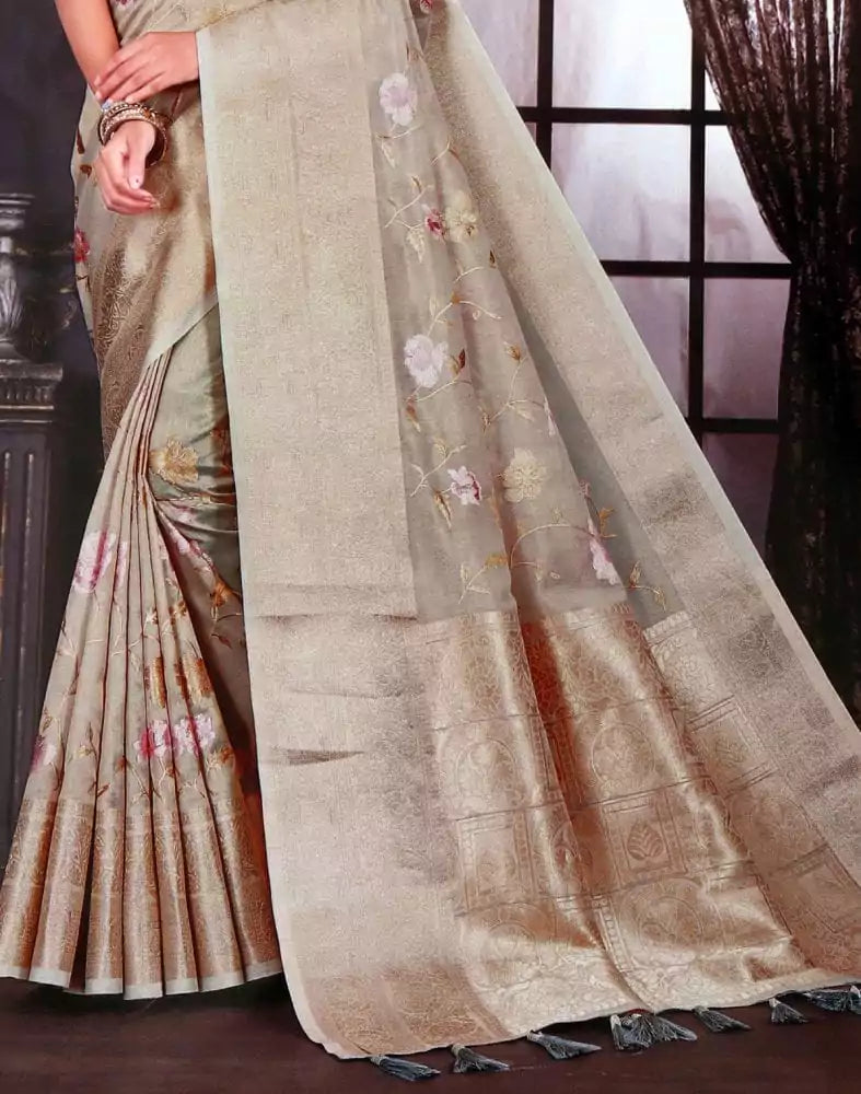 Image of Light Grey Floral Embroidery work Kota Saree