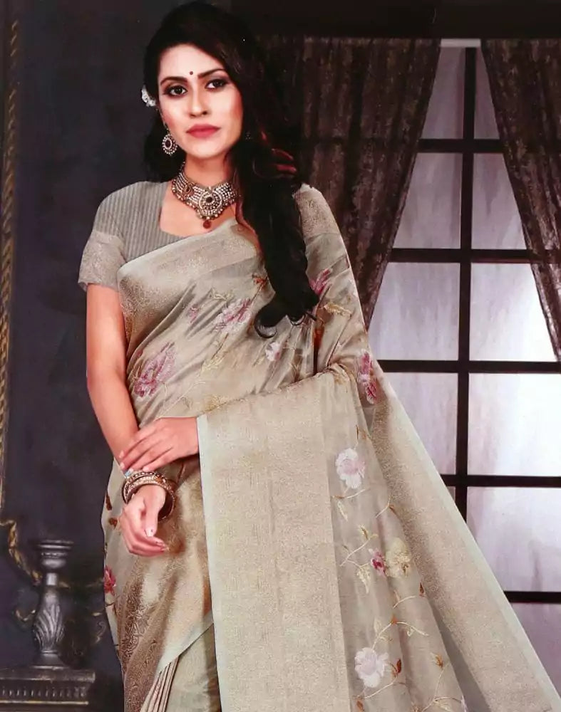 Image of Light Grey Floral Embroidery work Kota Saree