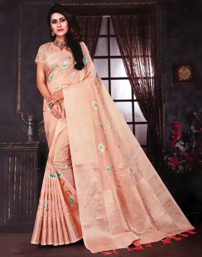 Image of Light Orange Floral Embroidery work Kota Saree