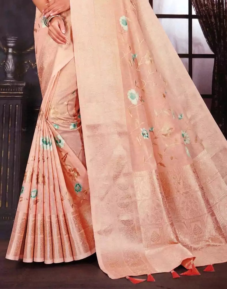 Image of Light Orange Floral Embroidery work Kota Saree