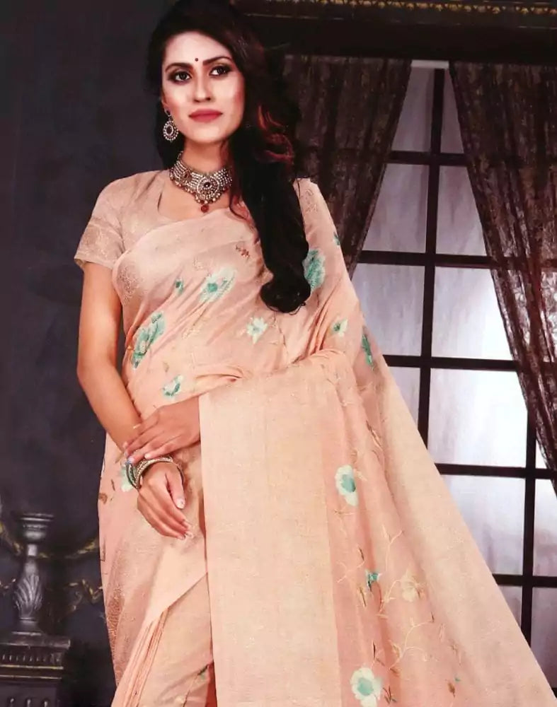 Image of Light Orange Floral Embroidery work Kota Saree