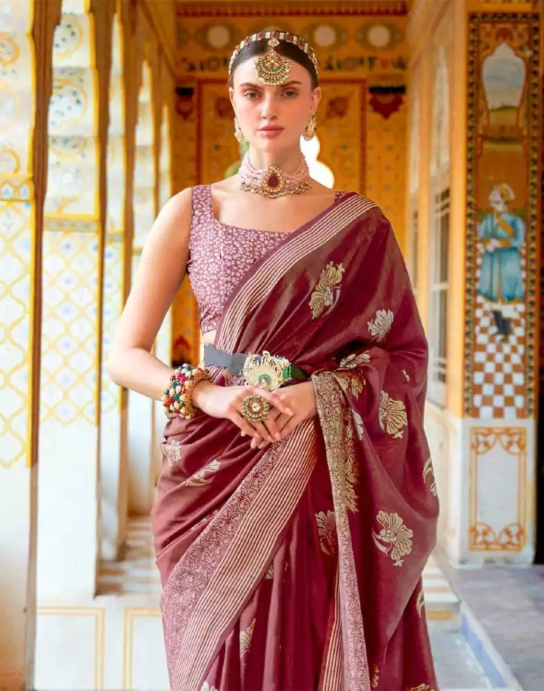 Image of Maroon Floral Mica Print work Banaras Fancy Saree