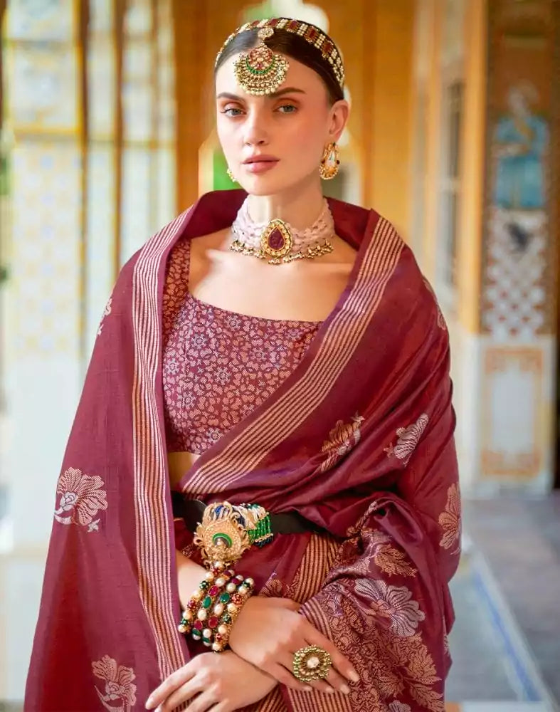 Image of Maroon Floral Mica Print work Banaras Fancy Saree