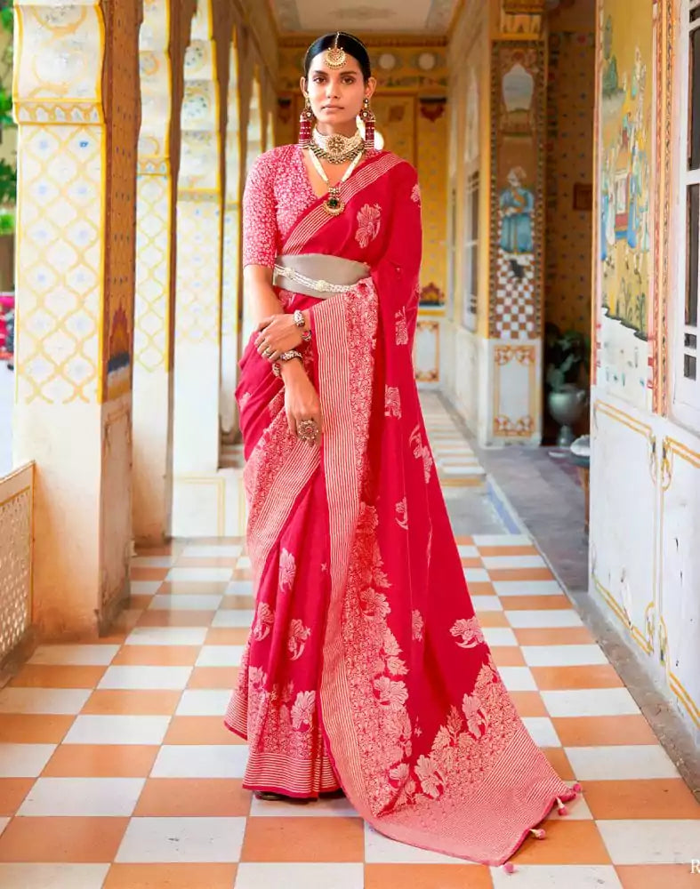 Image of Pink Floral Mica Print work Banaras Fancy Saree