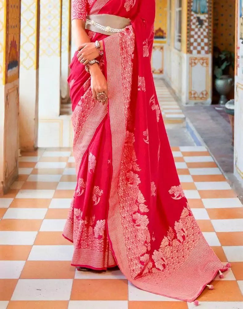 Image of Pink Floral Mica Print work Banaras Fancy Saree