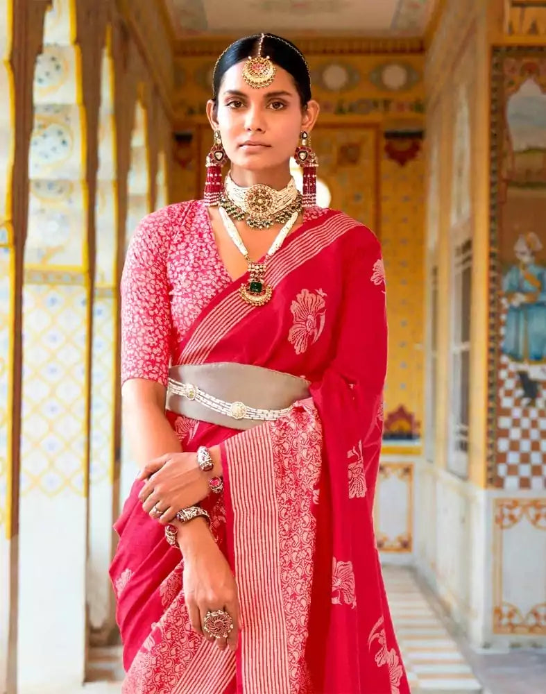 Image of Pink Floral Mica Print work Banaras Fancy Saree