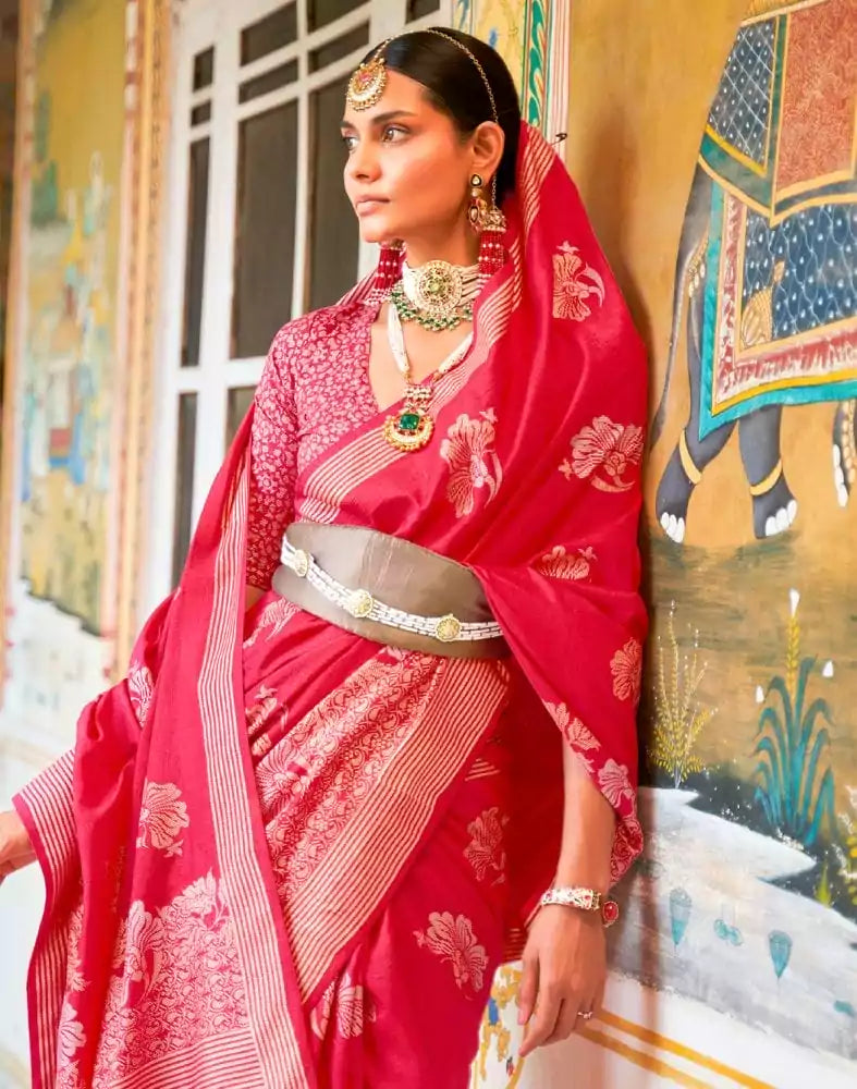 Image of Pink Floral Mica Print work Banaras Fancy Saree