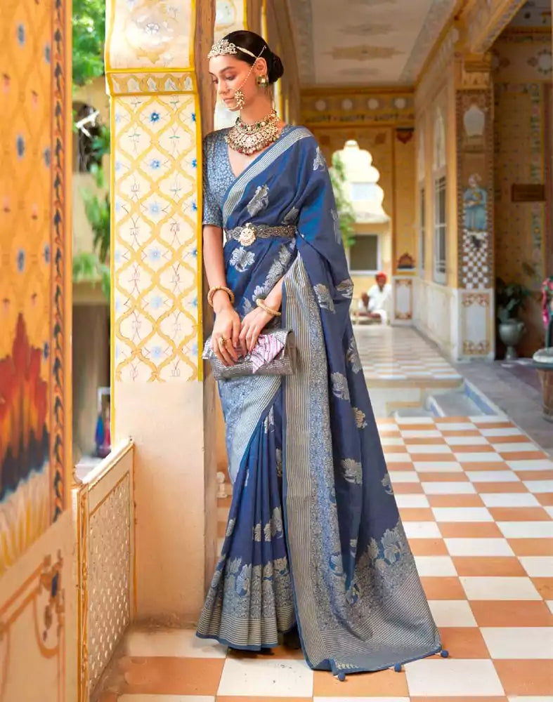Image of Peacock Blue Floral Mica Print work Banaras Fancy Saree