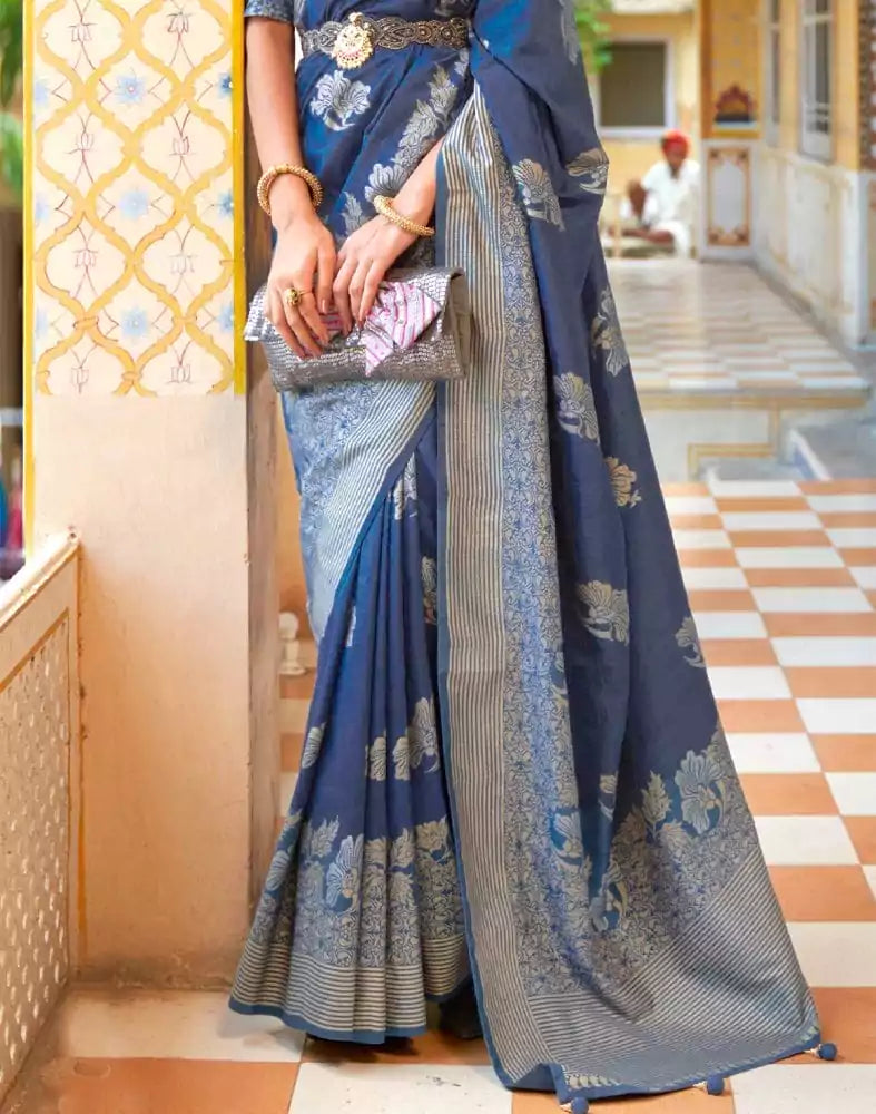 Image of Peacock Blue Floral Mica Print work Banaras Fancy Saree