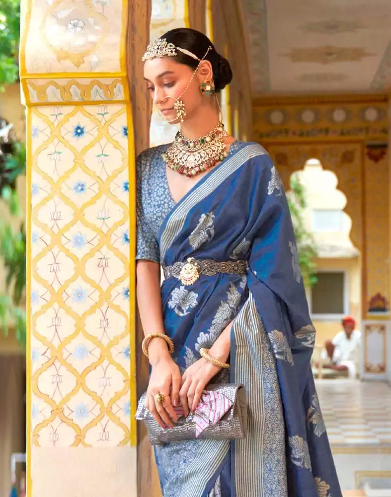 Image of Peacock Blue Floral Mica Print work Banaras Fancy Saree