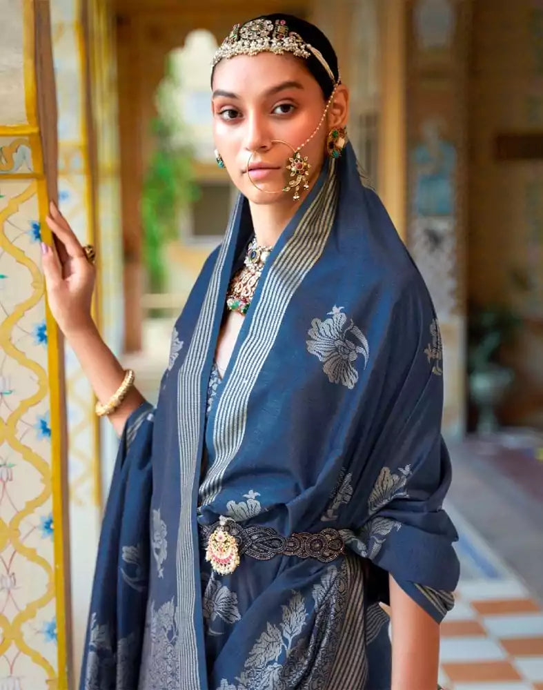 Image of Peacock Blue Floral Mica Print work Banaras Fancy Saree