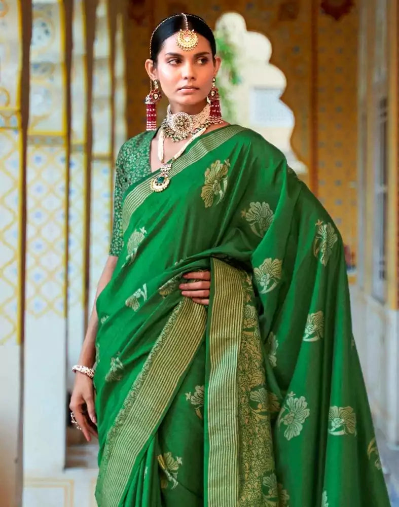 Image of Dark Green Floral Mica Print work Banaras Fancy Saree