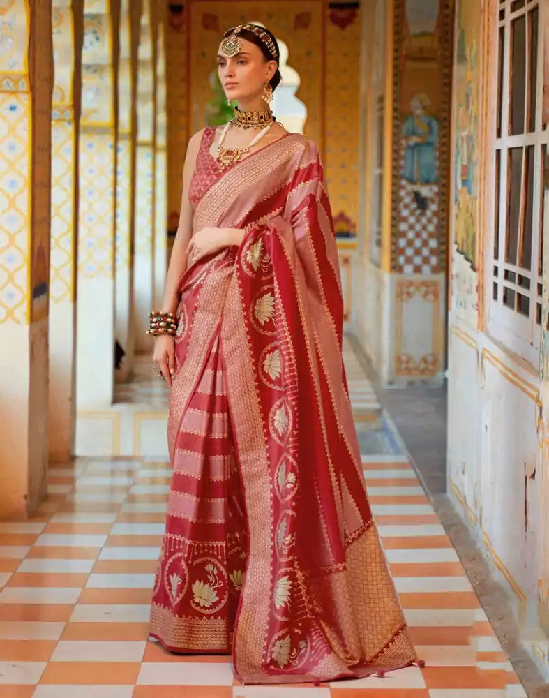 Image of Maroon Striped Mica Print work Banaras Fancy Saree