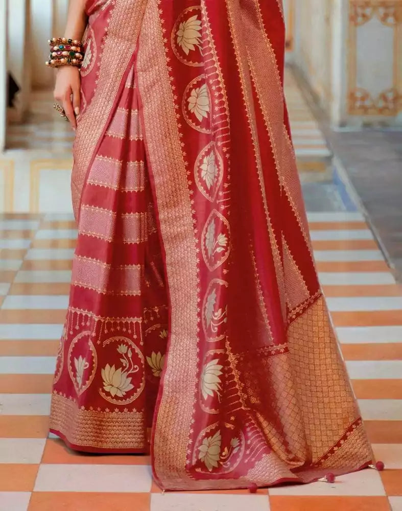 Image of Maroon Striped Mica Print work Banaras Fancy Saree