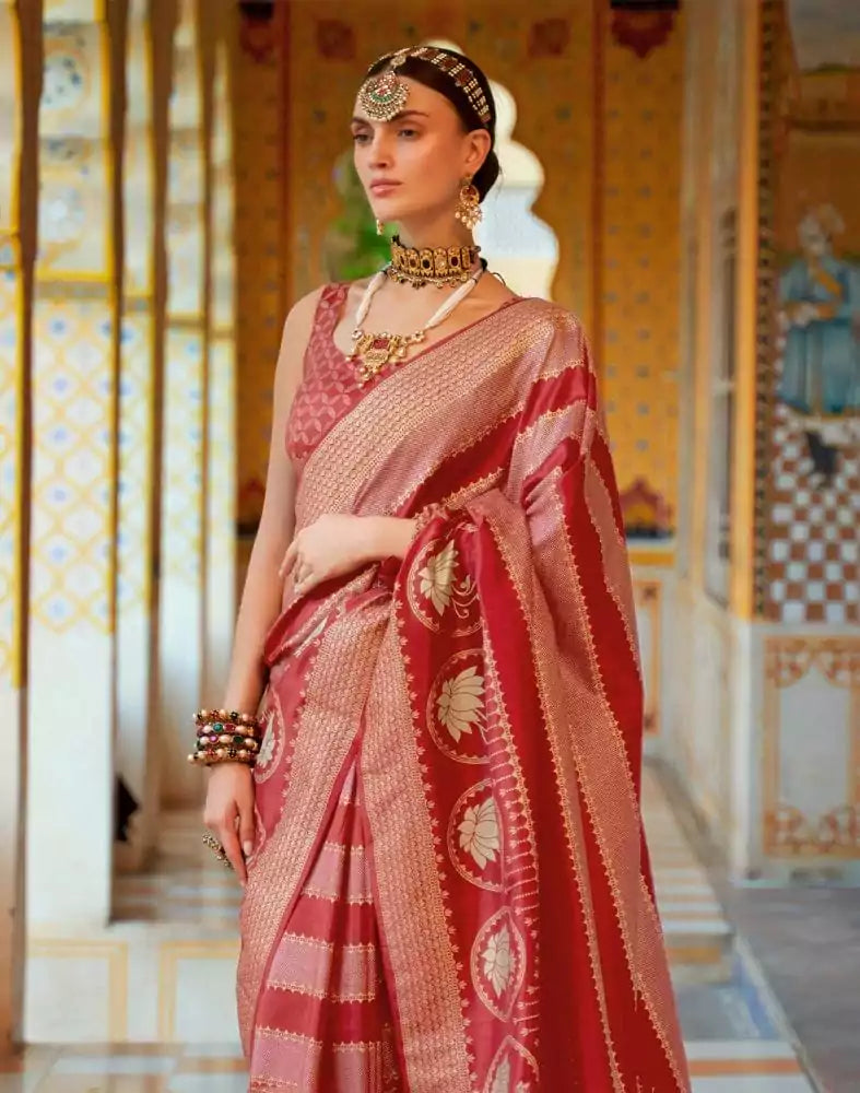 Image of Maroon Striped Mica Print work Banaras Fancy Saree