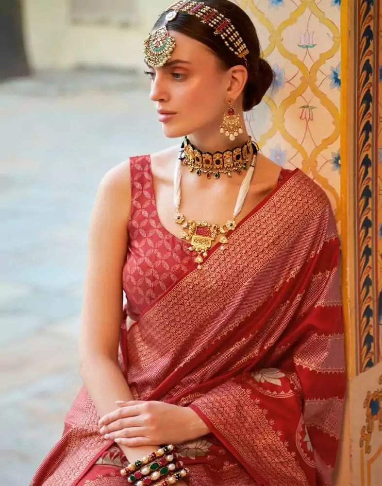 Image of Maroon Striped Mica Print work Banaras Fancy Saree