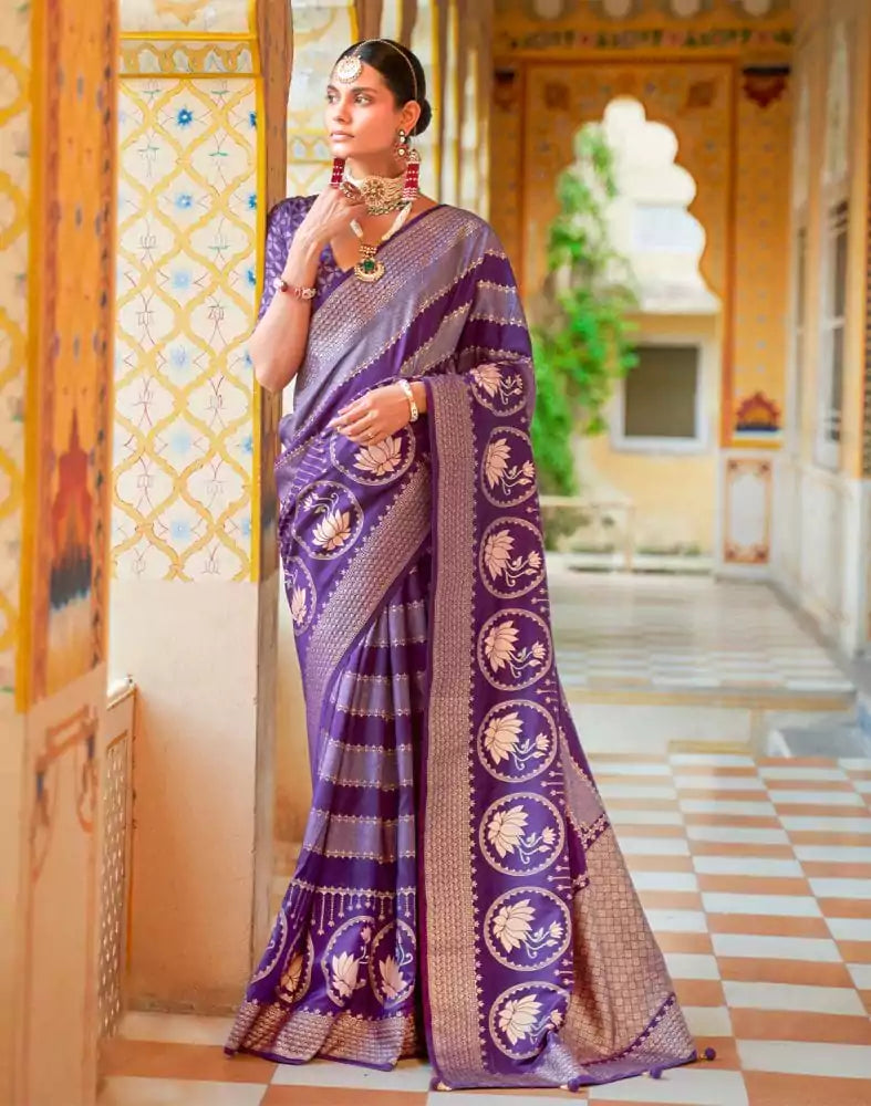 Image of Violet Striped Mica Print work Banaras Fancy Saree
