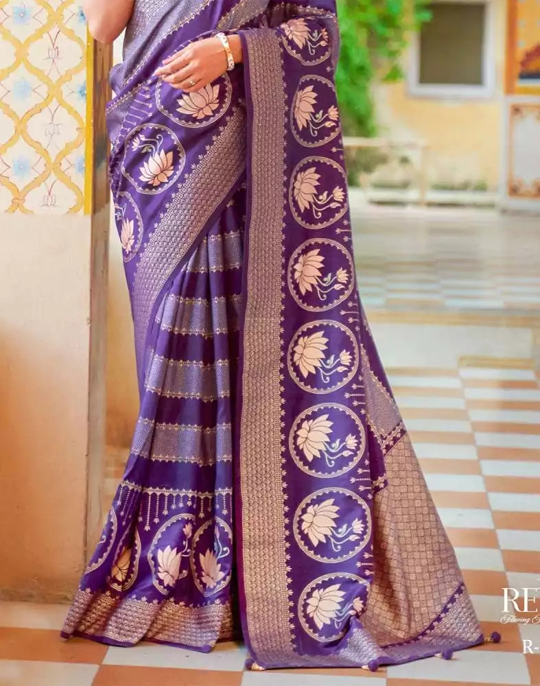 Image of Violet Striped Mica Print work Banaras Fancy Saree