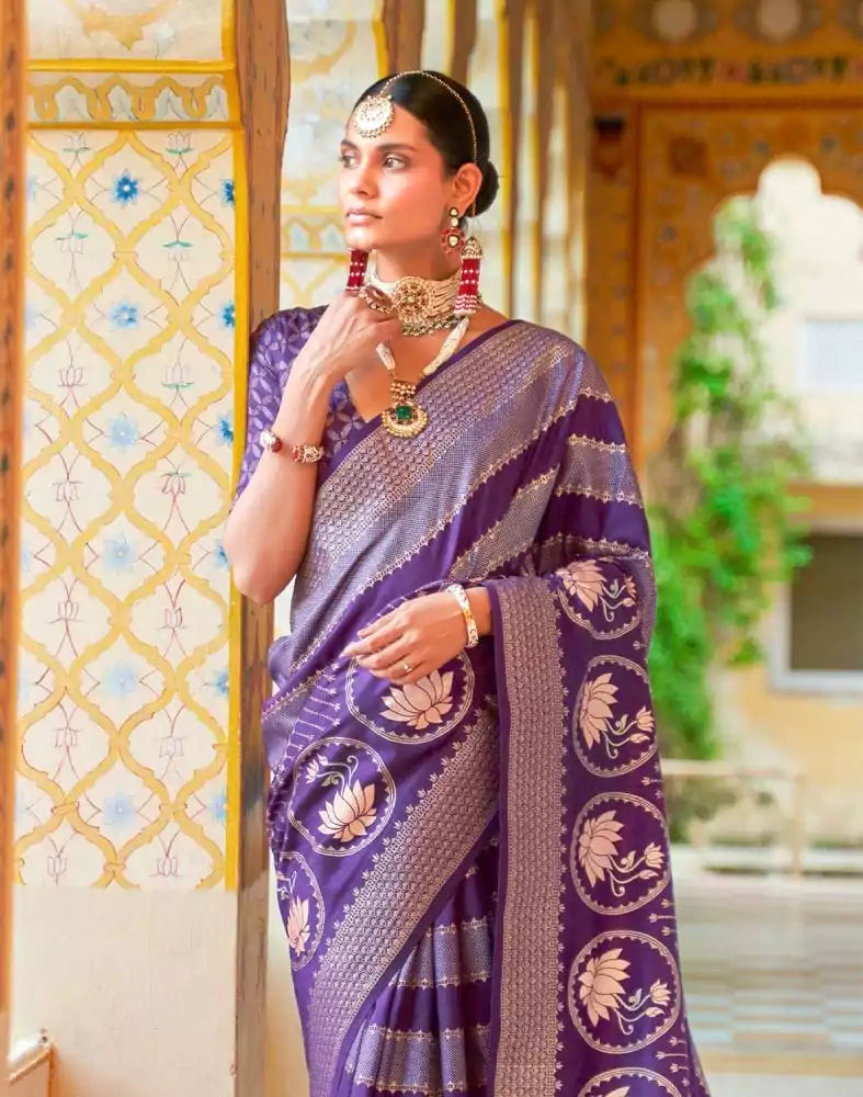 Image of Violet Striped Mica Print work Banaras Fancy Saree