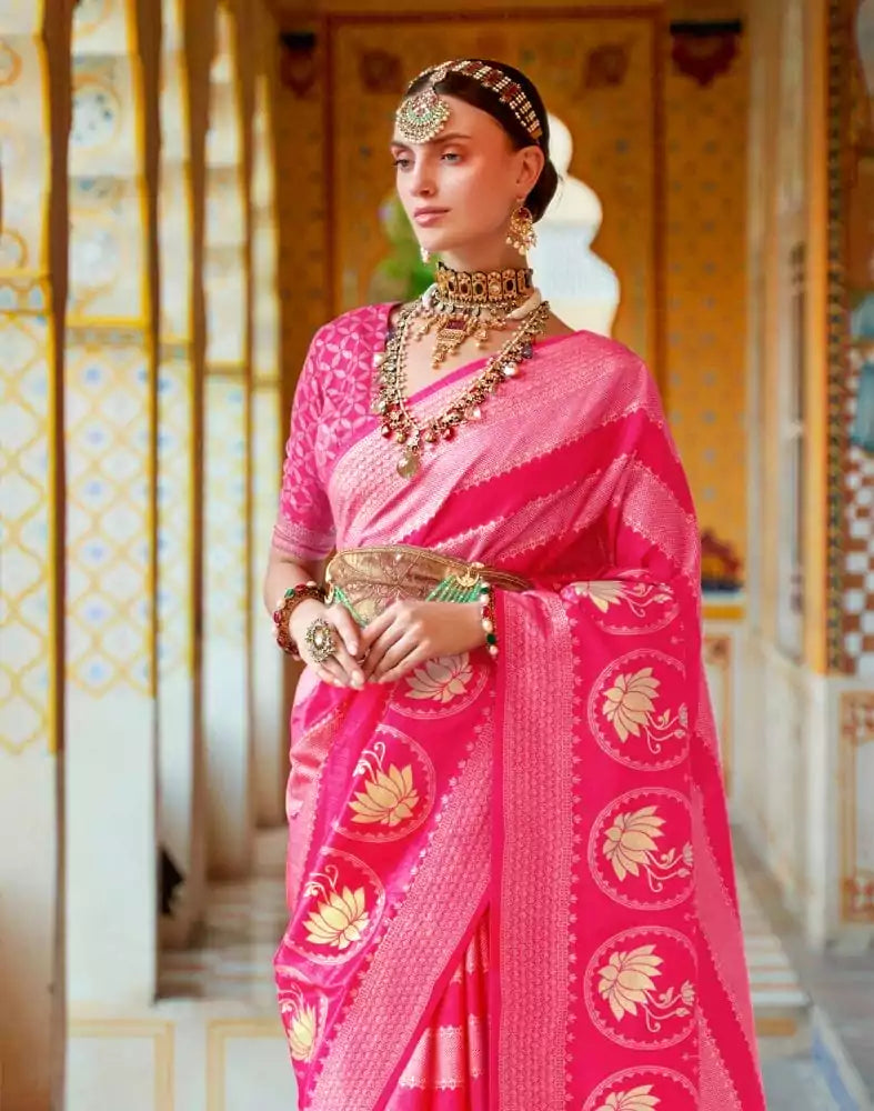 Image of Pink Striped Mica Print work Banaras Fancy Saree