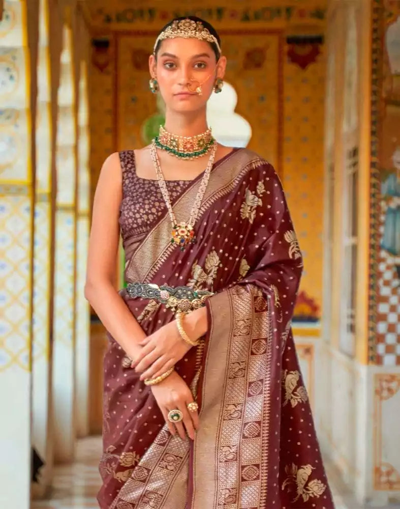 Image of Coffee Brown Novelty Mica Print work Banaras Fancy Saree
