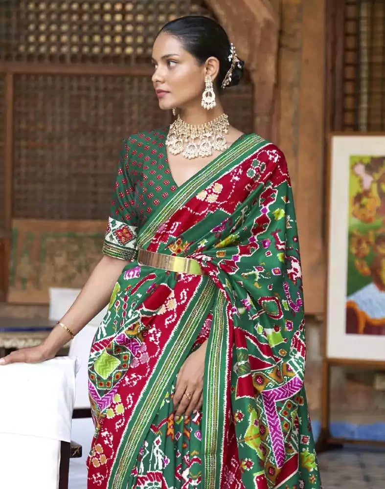Image of Stunning Green Coloured Ikat Patola Silk Saree