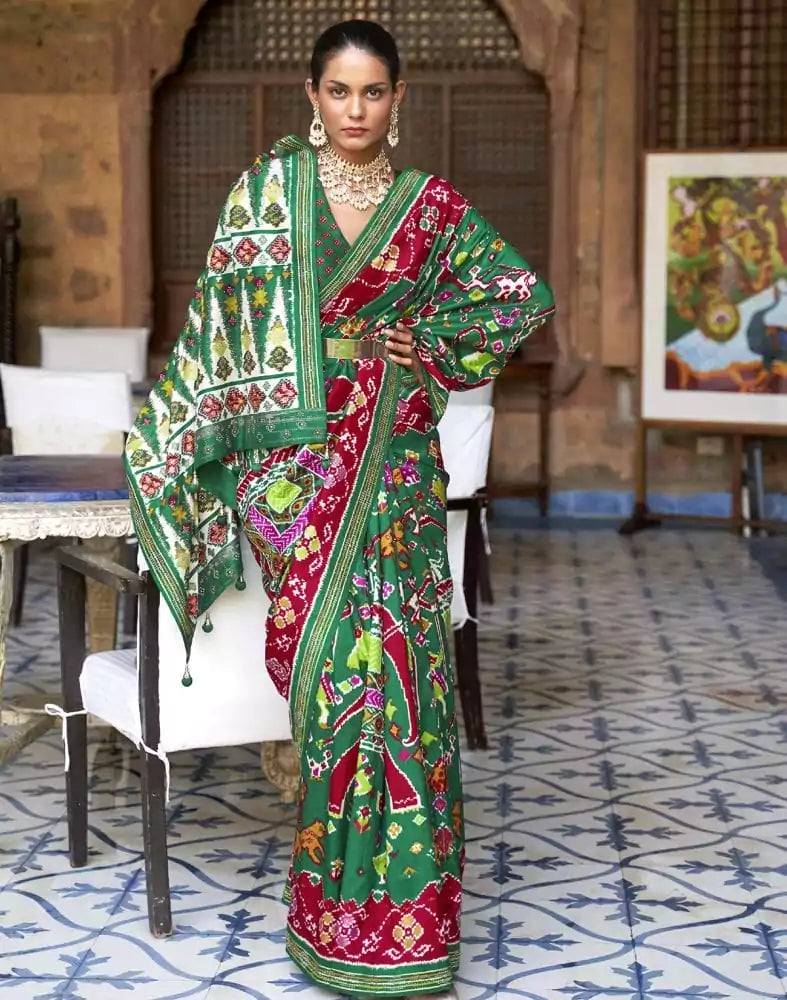 Image of Stunning Green Coloured Ikat Patola Silk Saree