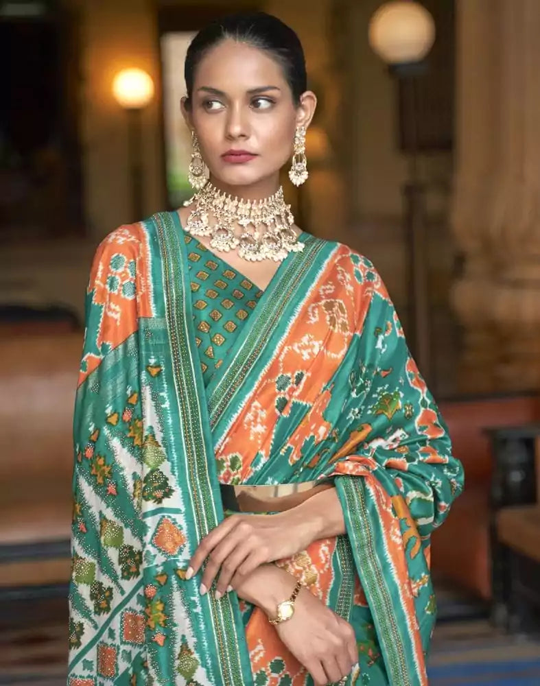 Image of Admiral Green Ikat Patola Silk Fabric Saree
