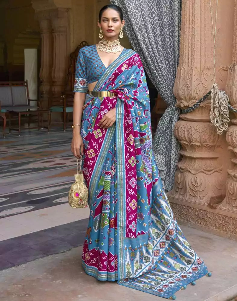 Image of Sky Blue Ikat Soft Patola Silk Saree