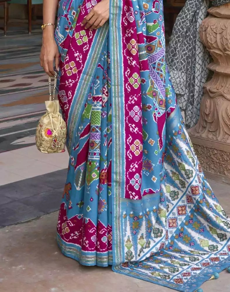 Image of Sky Blue Ikat Soft Patola Silk Saree