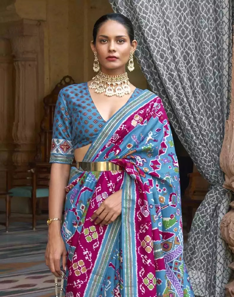 Image of Sky Blue Ikat Soft Patola Silk Saree
