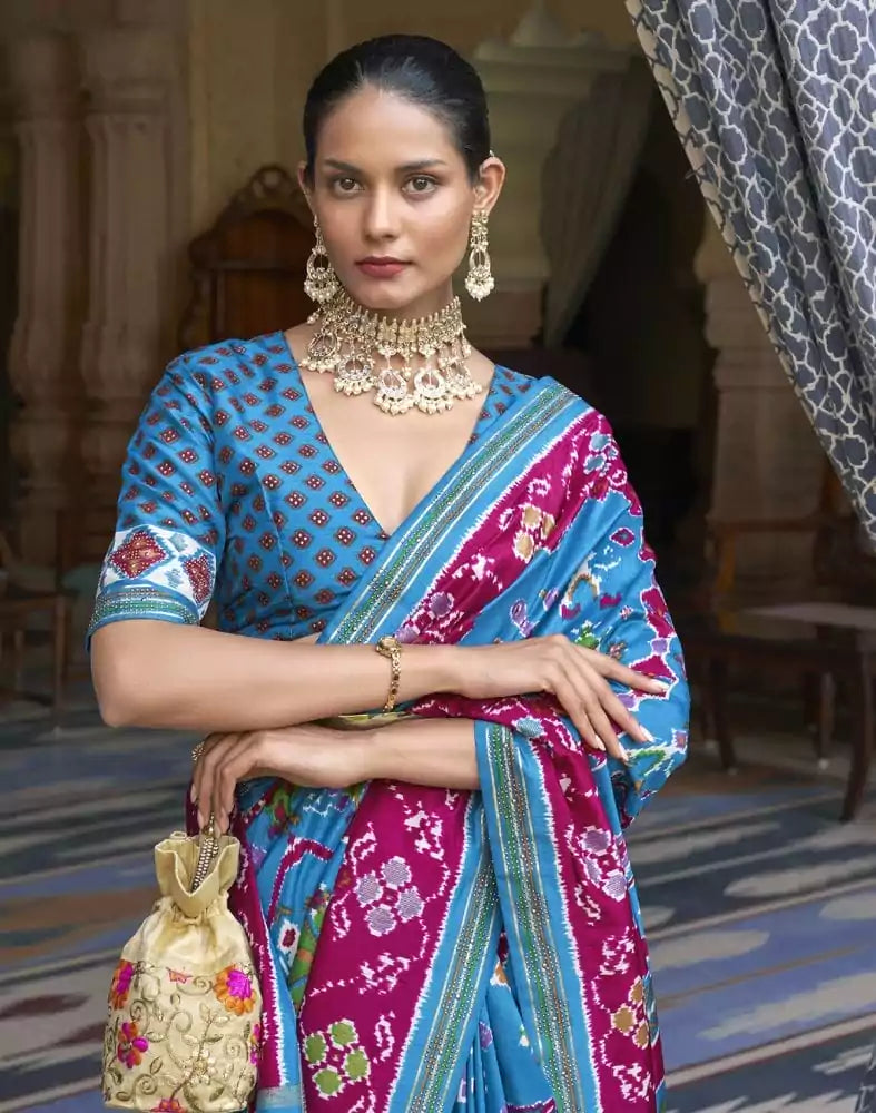 Image of Sky Blue Ikat Soft Patola Silk Saree