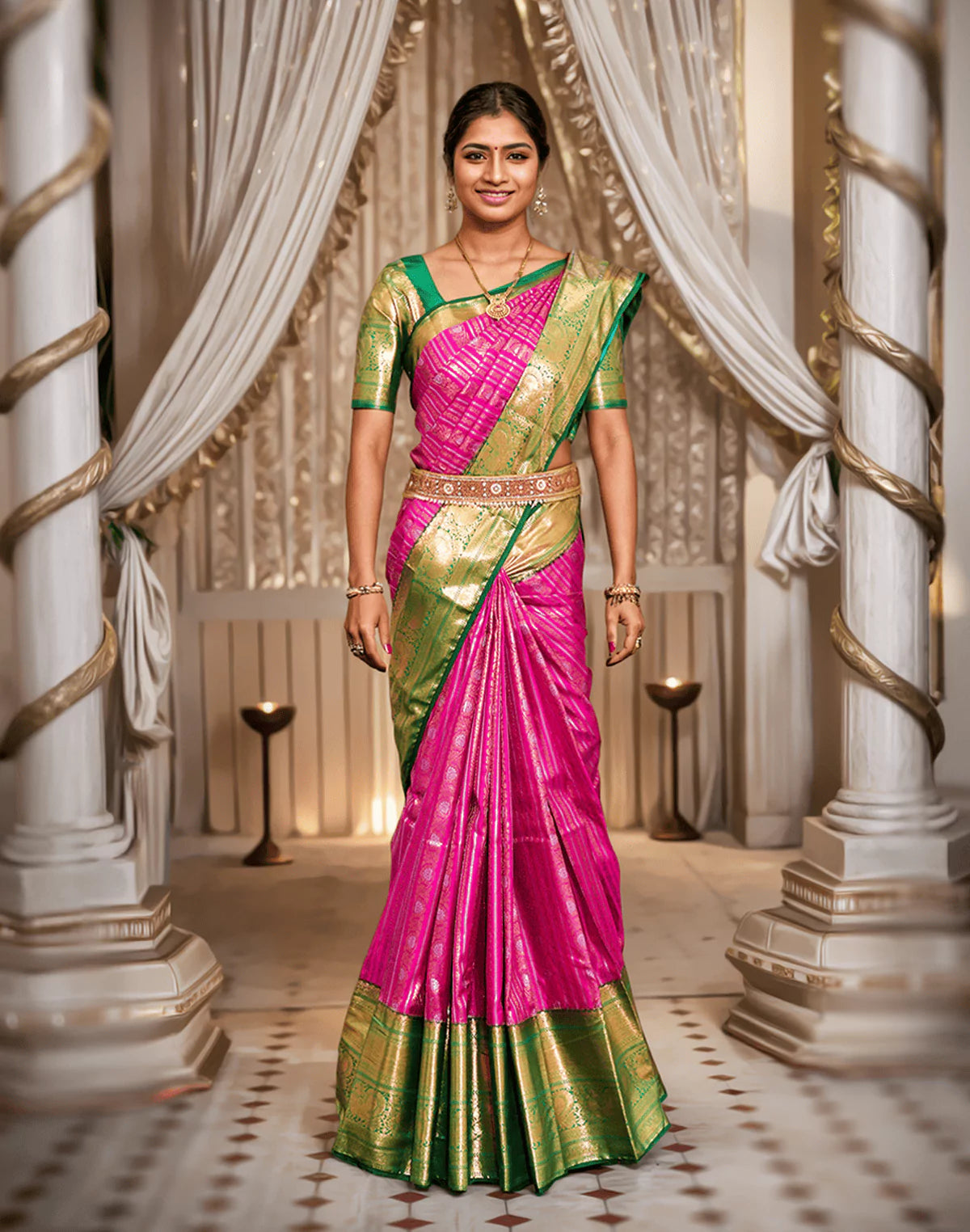 Image of Pink Floral Silver and Golden Zari skut Border Saree