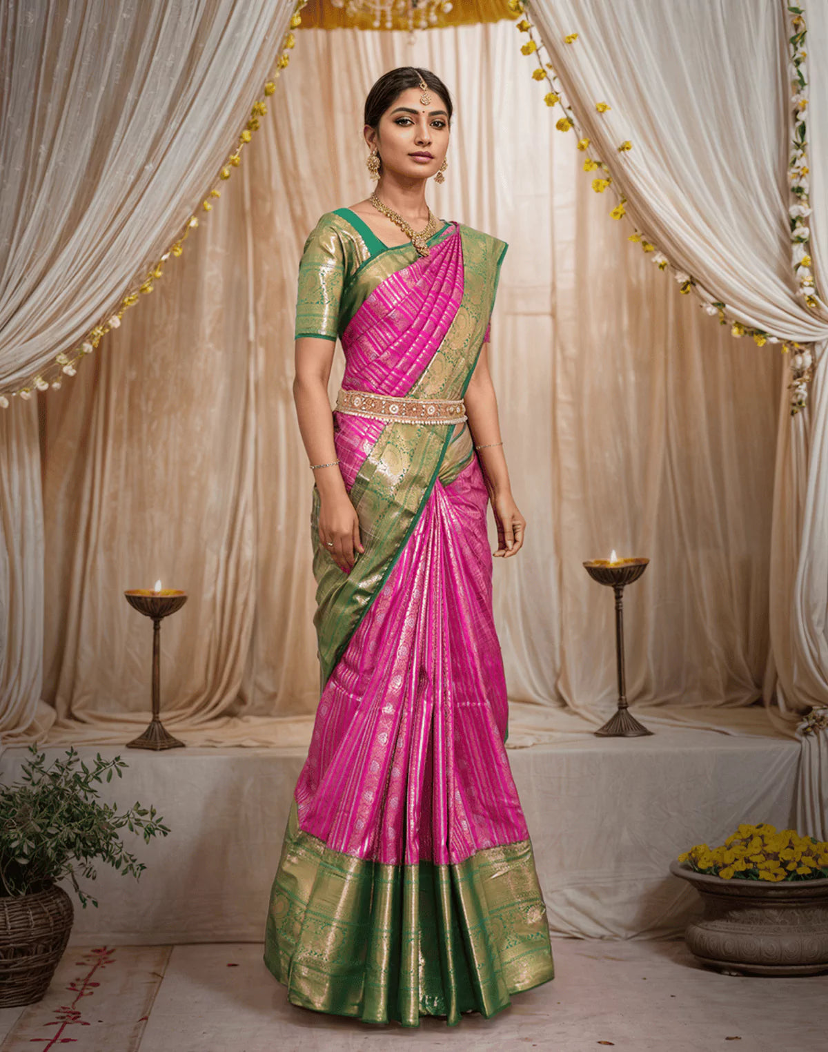 Image of Pink Floral Silver and Golden Zari skut Border Saree