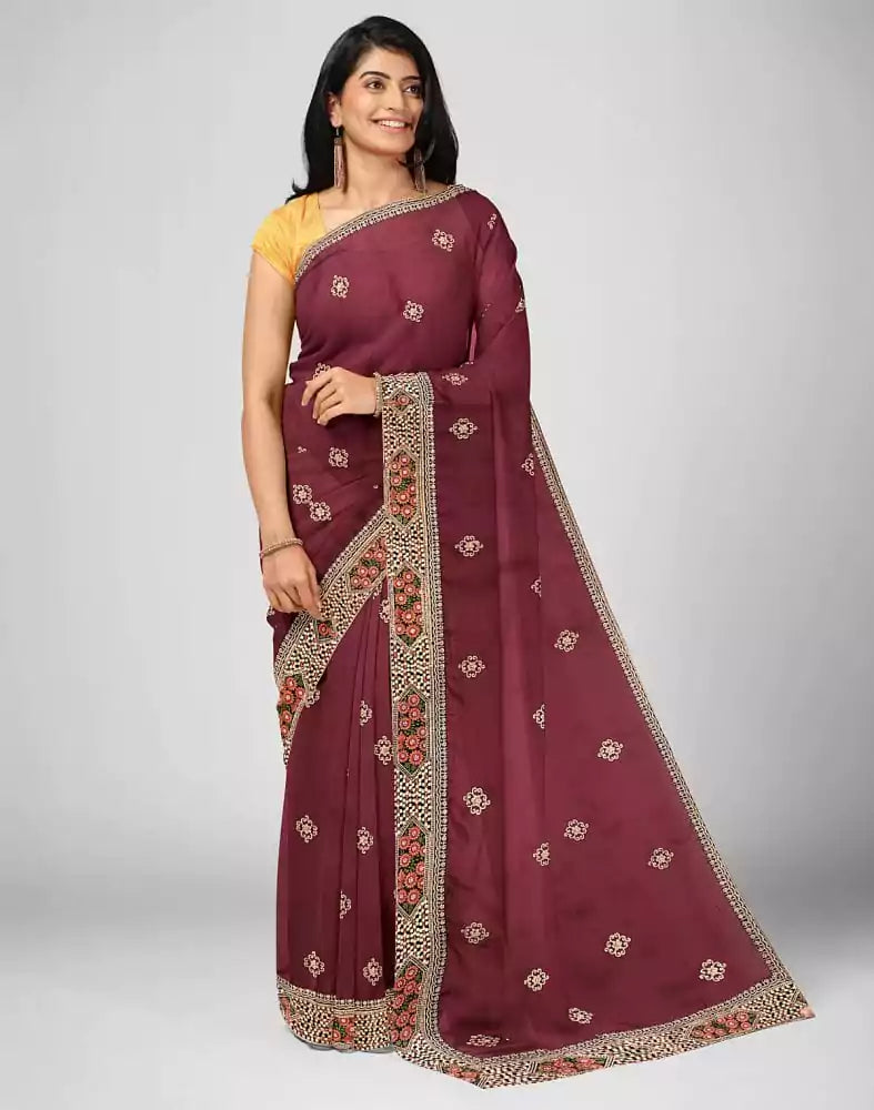 Image of Floral Pattern Maroon Colour Embroidery work Satin Saree