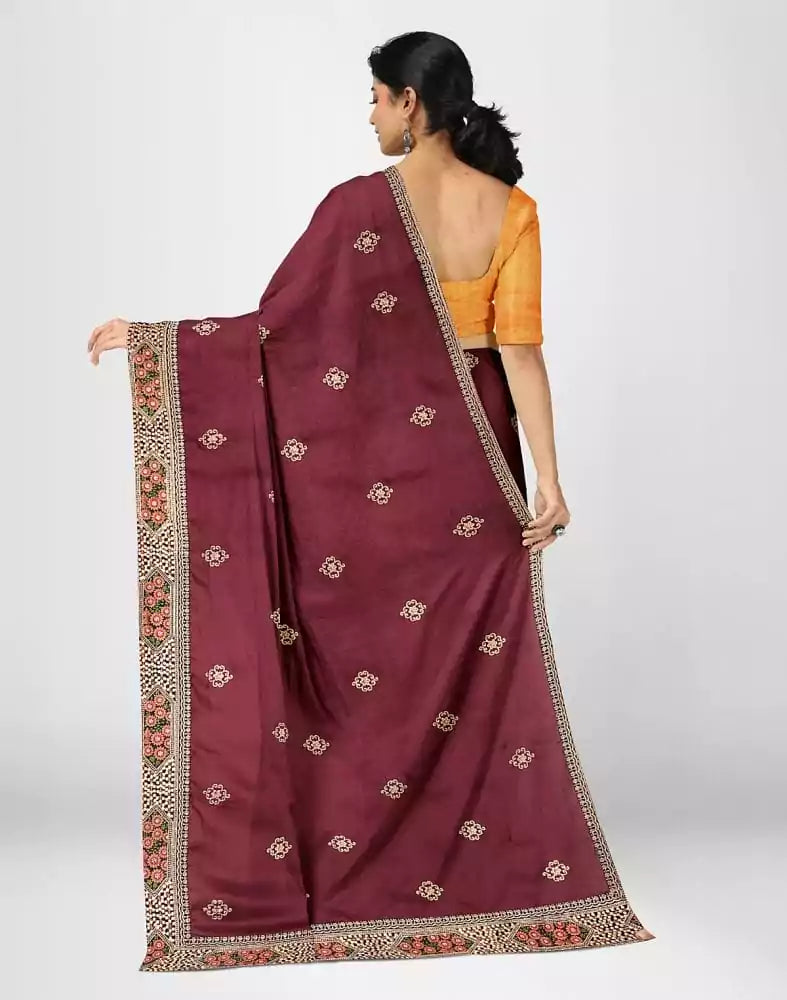 Image of Floral Pattern Maroon Colour Embroidery work Satin Saree