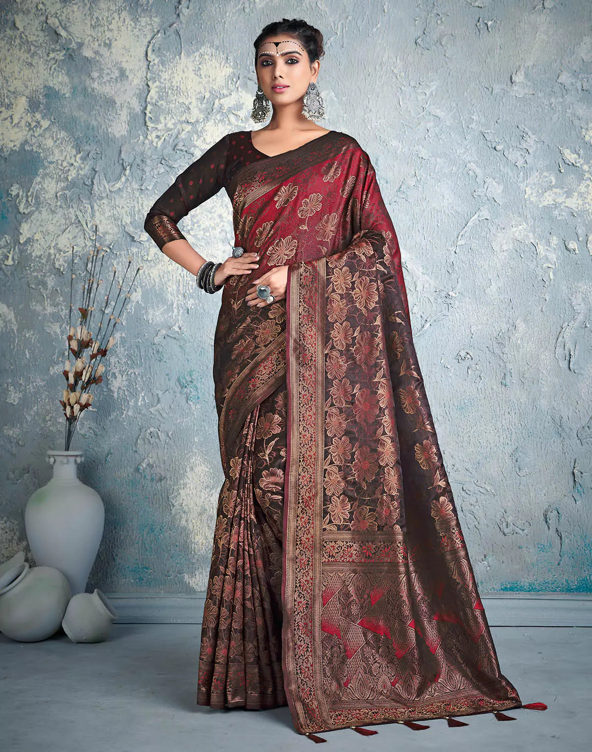 Image of Designer Maroon Floral Print Soft Silk Saree