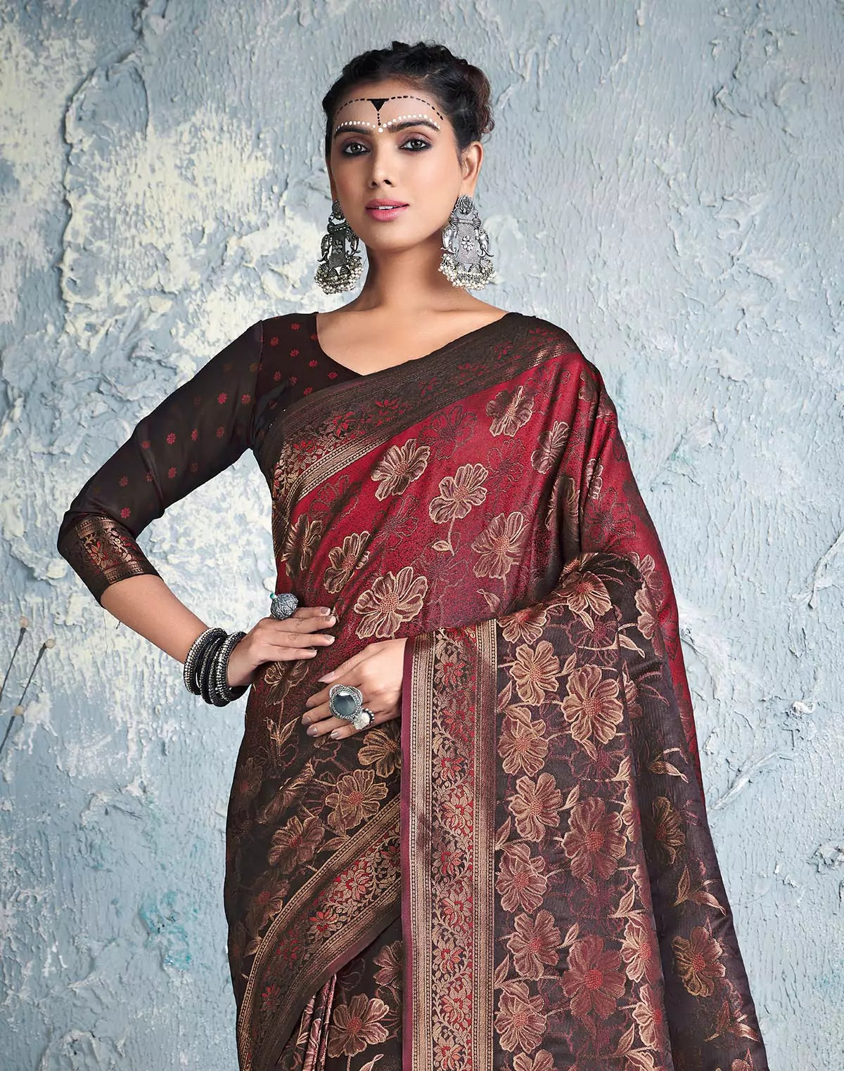 Image of Designer Maroon Floral Print Soft Silk Saree