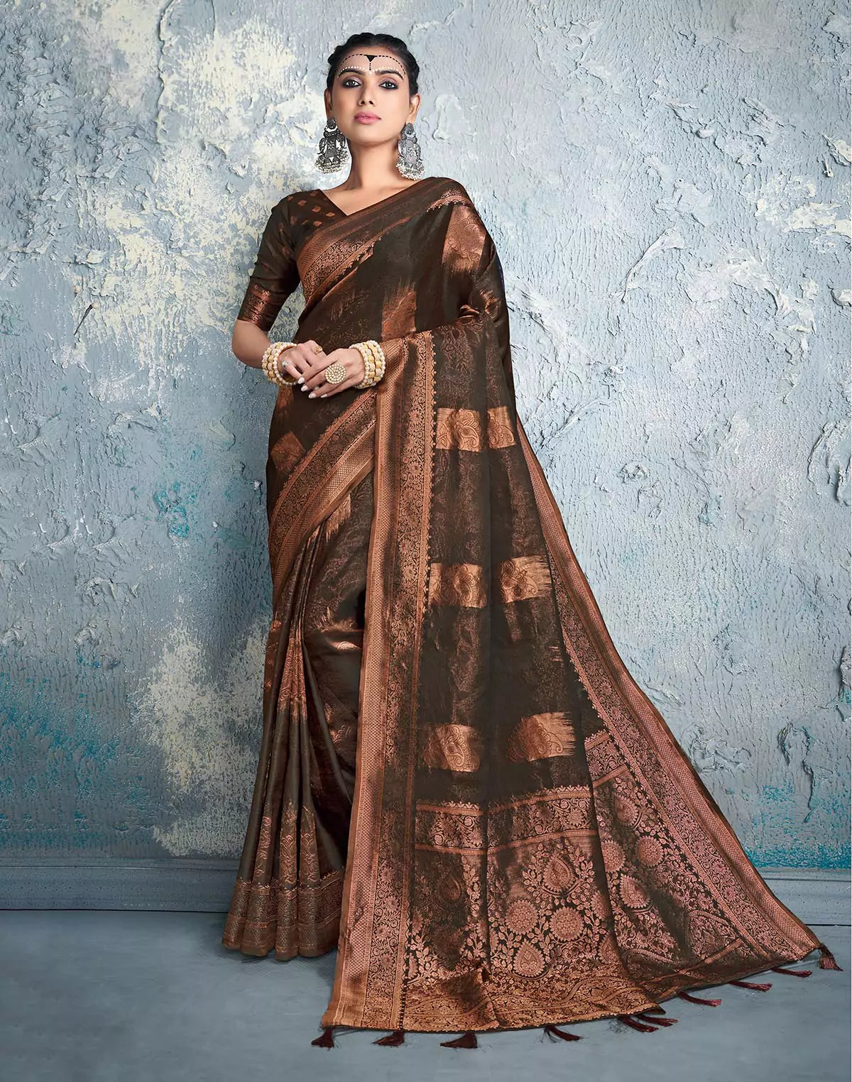 Image of Dark Brown Floral Bunches Soft Silk Saree