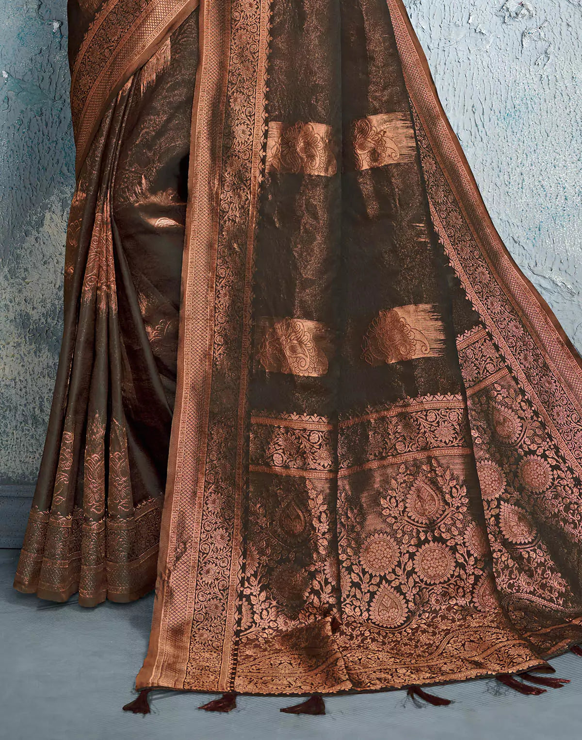 Image of Dark Brown Floral Bunches Soft Silk Saree