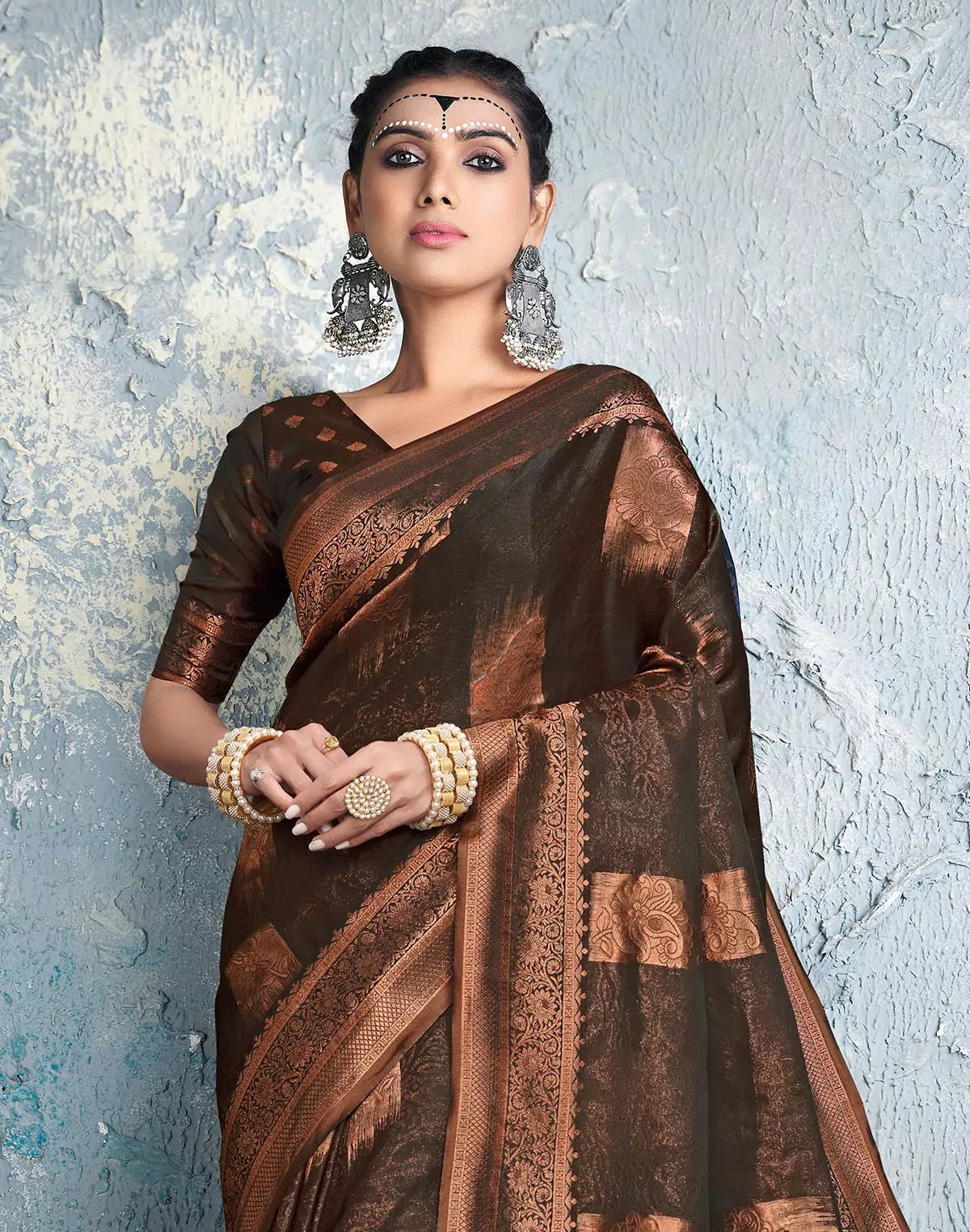 Image of Dark Brown Floral Bunches Soft Silk Saree