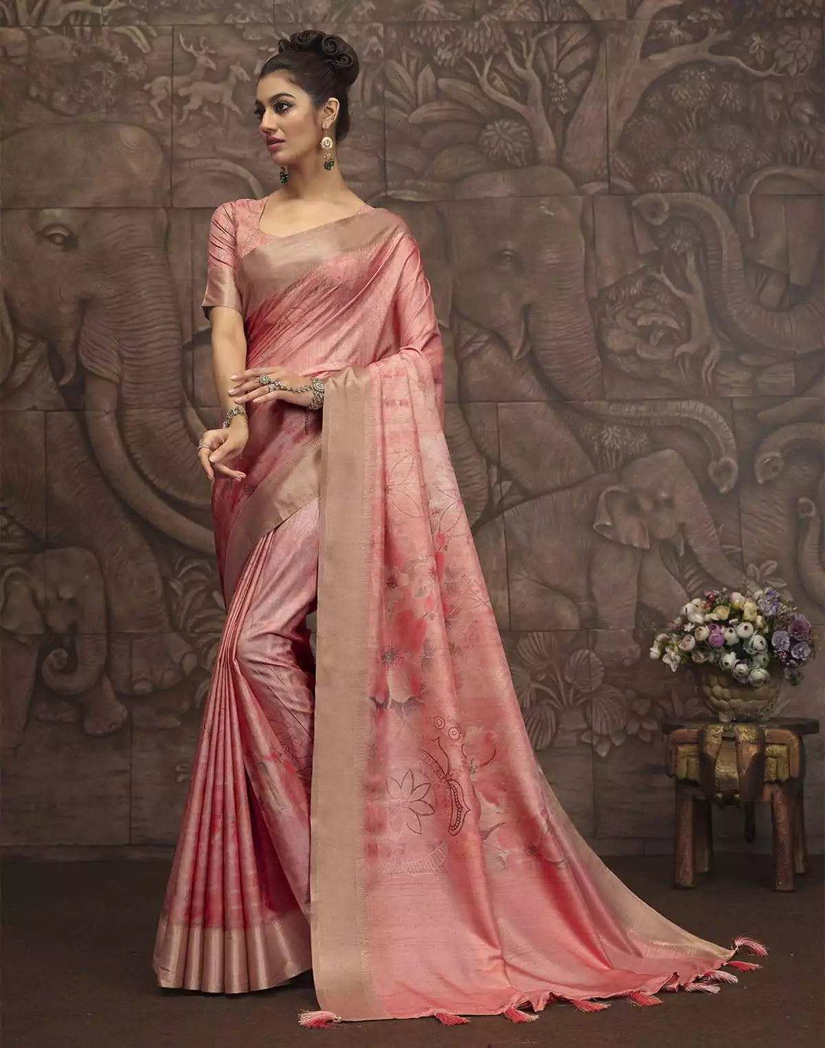 Image of Peach Malai Silk Saree
