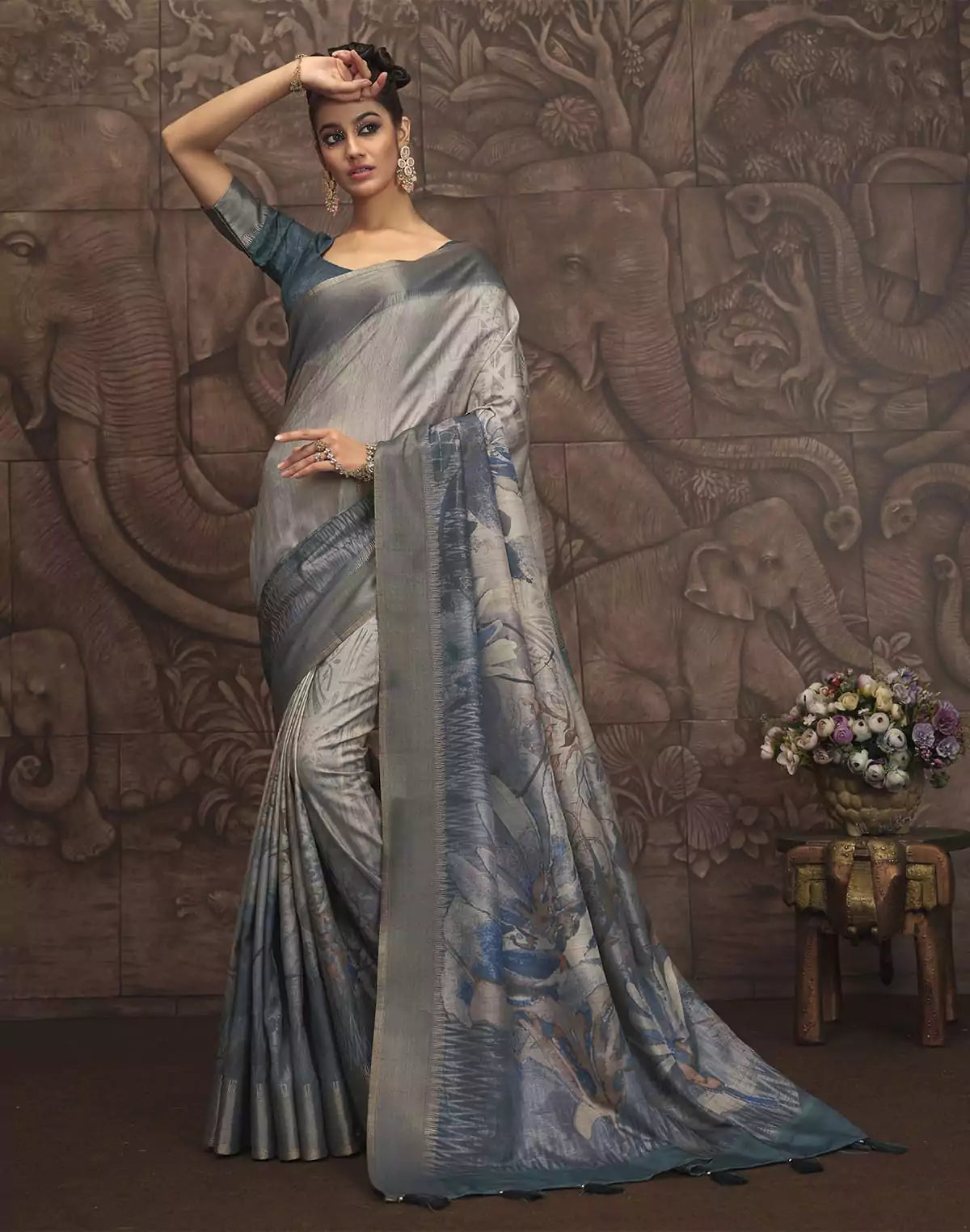 Image of Light Blue Malai Silk Fabric Saree