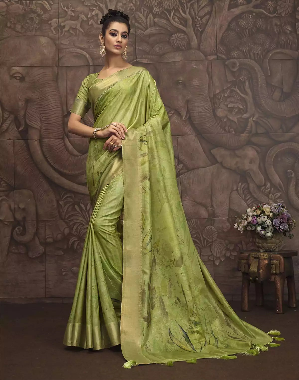 Image of Stylish Parrot Green Graphic Design Malai Silk Saree