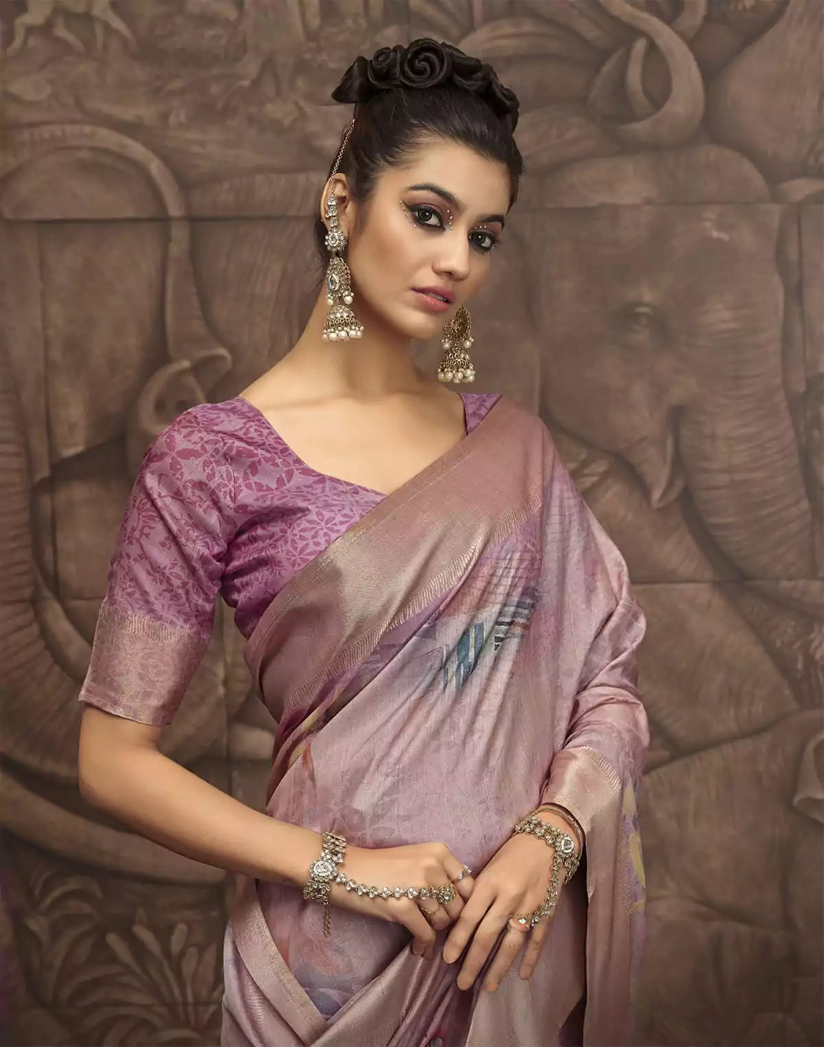 Image of Light Purple Coloured Malai Silk Saree