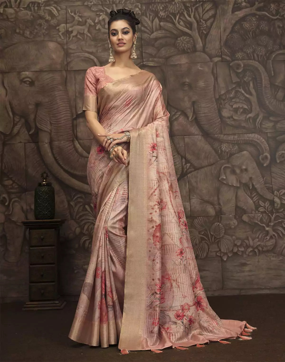 Image of Light Orange Floral Pattern Malai Silk Saree