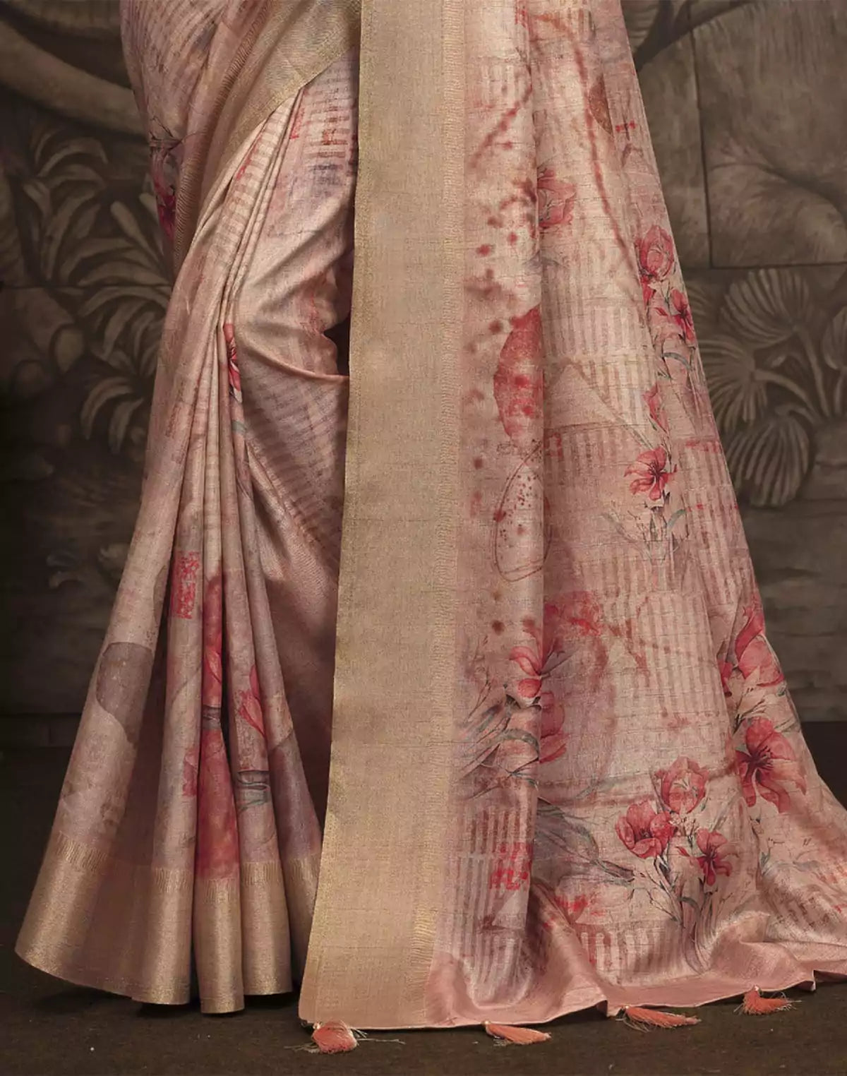 Image of Light Orange Floral Pattern Malai Silk Saree