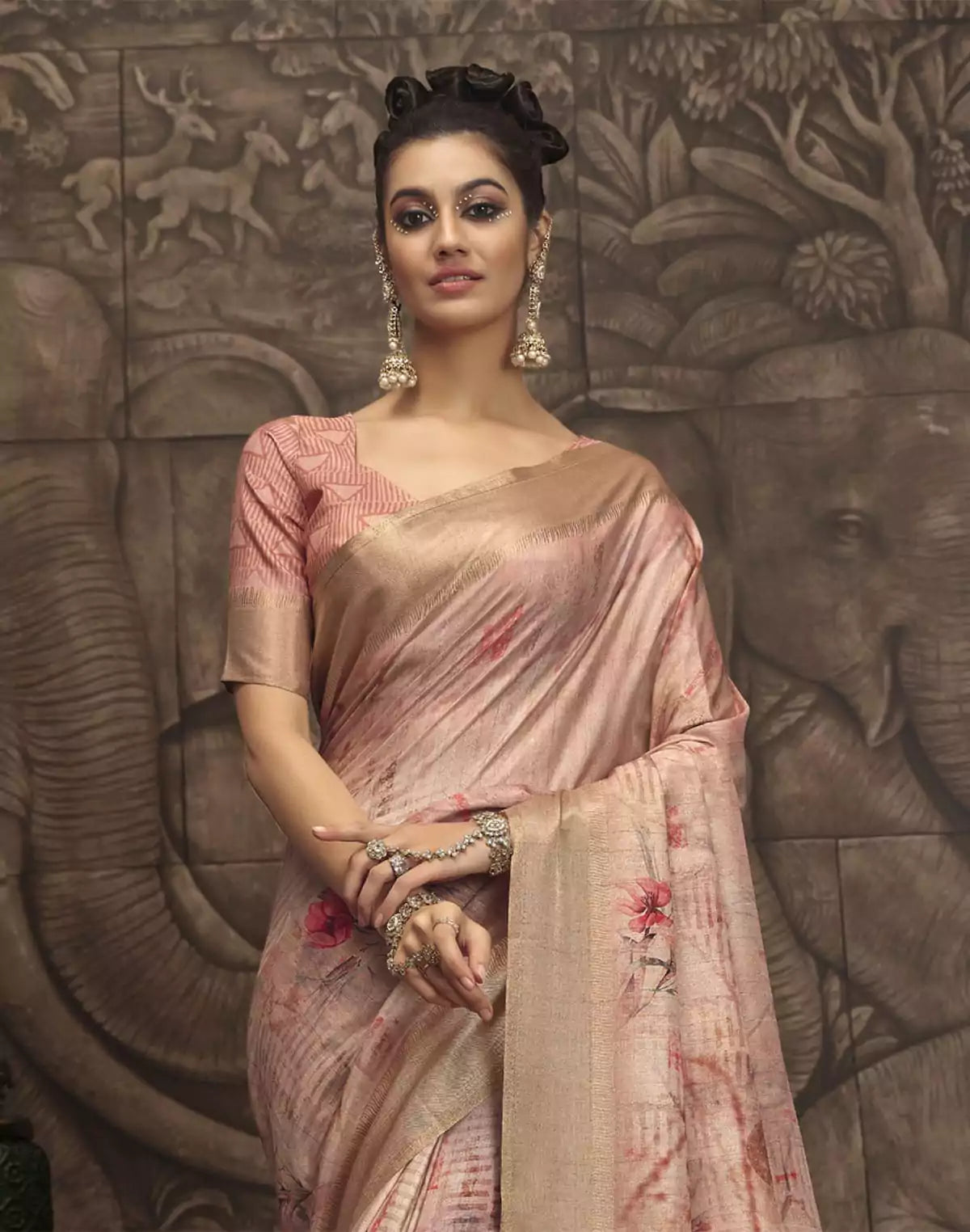 Image of Light Orange Floral Pattern Malai Silk Saree